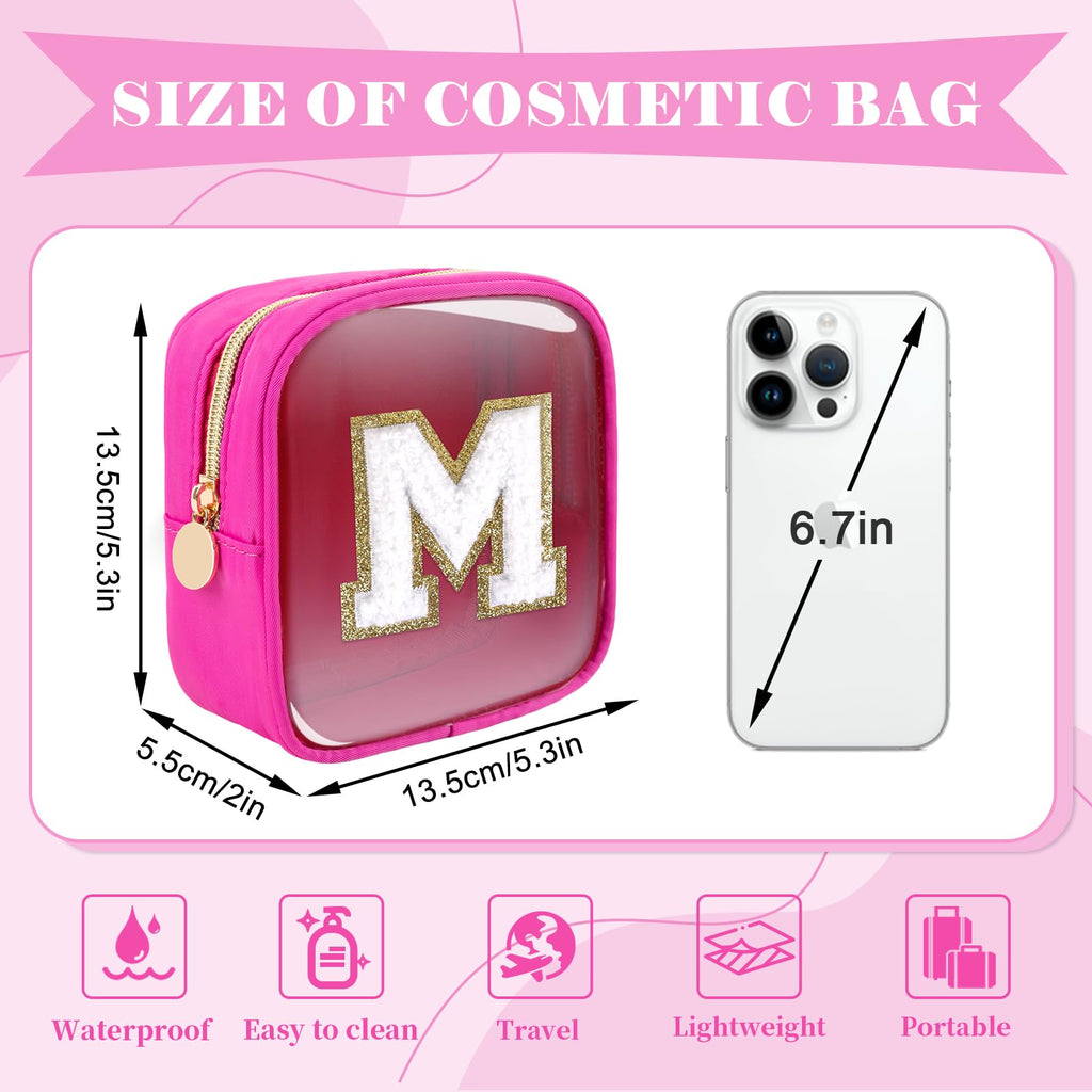 Personalized Initial Letter Clear Preppy Makeup Bag,Mini Nylon Chenille Letter Cosmetic Bag Cute Zipper Pouch Coin Purse for Teen Girls,Portable TSA Approved Travel Essentials Bag Gift for Women,M