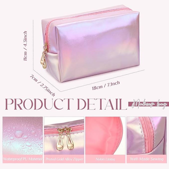 Sanwuta 9 Pcs Makeup Bags Bulk Bridesmaid Proposal Gifts Cosmetic Bags Preppy PU Leather Double Zipper Toiletry Pouch Portable Travel Organizer Case for Women Bachelorette Gift(Laser Pink)