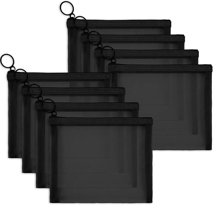 Fassave 8 Pack Mini Zipper Mesh Makeup Bags, Nylon Cosmetic Bags Toiletry Purse Travel Organizer Bags Inside Bag for Office Travel Organization (Black, S)