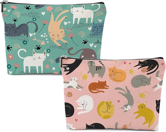 XFN Cat Lover Gifts 2 PCs Makeup Bag, Cat Themed Gifts for Cats Owner Women Girls Daughter Best Friend Sisters Friendship Graduation Birthday, Cats Cosmetic Bag Travel Pouch