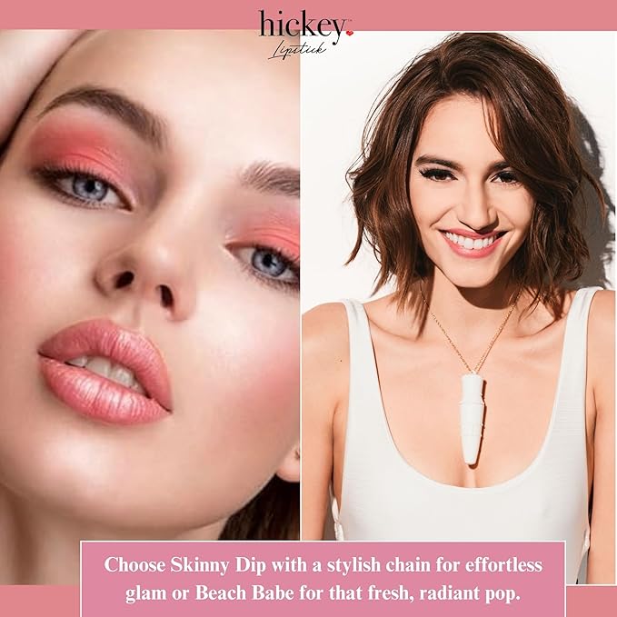 Hickey Lipstick White Limited Edition Set, Skinny Dip (Pink) & Beach Babe (Coral), Refillable Case with Silver Chain (Wearable Necklace), Hydrating, Long Lasting Lipstick for Women, Gluten-Free, Vegan