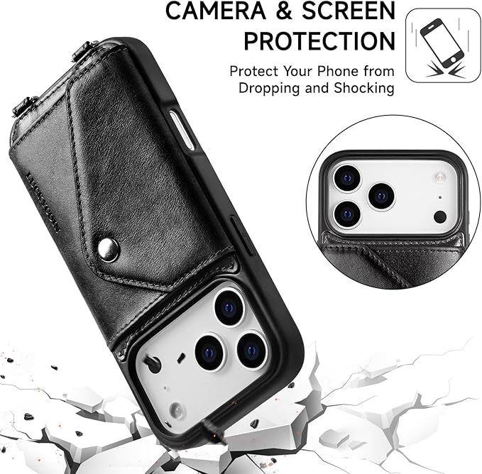 LUCKYCOIN Crossbody Phone Case for iPhone 17 Pro,100% Genuine Leather Phone Wallet Case for Women, Premium Hands-Free Phone Purse with Expandable Flip Card Holder & Adjustable Strap - Retro Black
