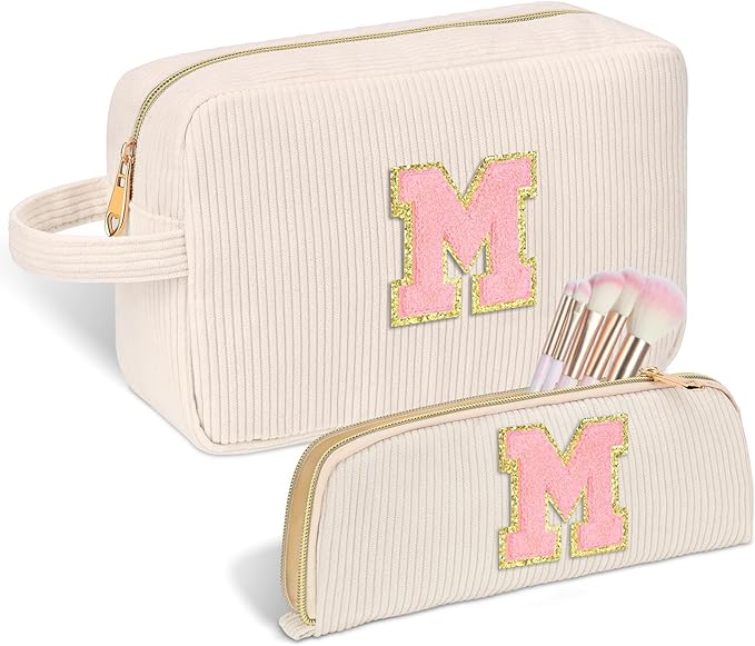 Sernaxi Personalized Initial Makeup Bag Trendy Stuff Corduroy Cosmetic Bag Travel Toiletry Bag, Valentine’s Day Gift Makeup Organizer Case & Makeup Pouch for Women Teen Girls Mom Girlfriend Wife