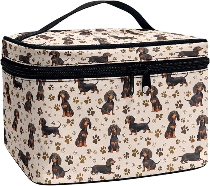 Drydeepin Dachshund Dog & Paws Print Travel Makeup Bags for Women Portable Tote Cosmetic Case with Carry Handle Toiletry Accessories Storage Organizer Bags, Beige