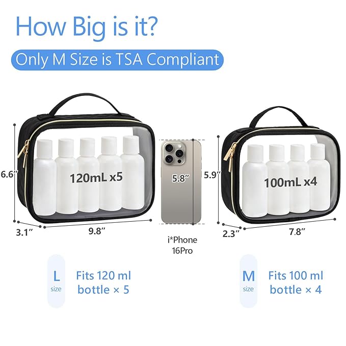 PACKISM Clear Makeup Bag Travel - TSA Approved Toiletry Bag, 2 Pack Black