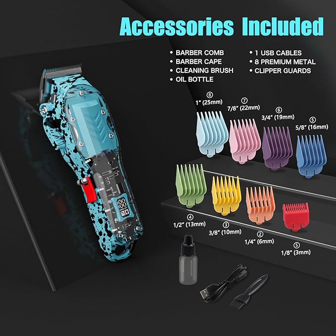 Tuanchuanrp Professional Hair Clippers for Men, Cordless Barber kit for Hair Cutting & Grooming, Hair Clippers Set for Barber Haircut with LED Display 8 Fade Taper Combs(Blue)