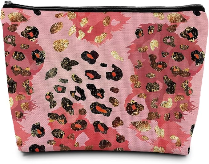 SAFDSGFDB Gold and Pink Leopard Print Makeup Bag, Preppy Girly Cosmetic Bags Gifts for Women, Funky Y2k Cheetah Print Portable Travel Toiletry Bag Zipper Makeup Pouch