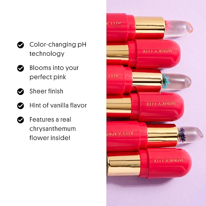 Winky Lux Flower Balm, pH Lip Balm, Color Changing Lipstick and Tinted, Vegan & Cruelty Free Lip Balm, Hydrate & Plump, Sheer Pink Lipstick, Blue Flower with Vanilla Scent