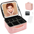 ZhenGuiRu Travel Makeup Bag with LED Mirror – Waterproof Cosmetic Train Case with Adjustable Dividers, Portable Makeup Organizer and Toiletry Bag for Women, Teens & Girls Gift, Pink
