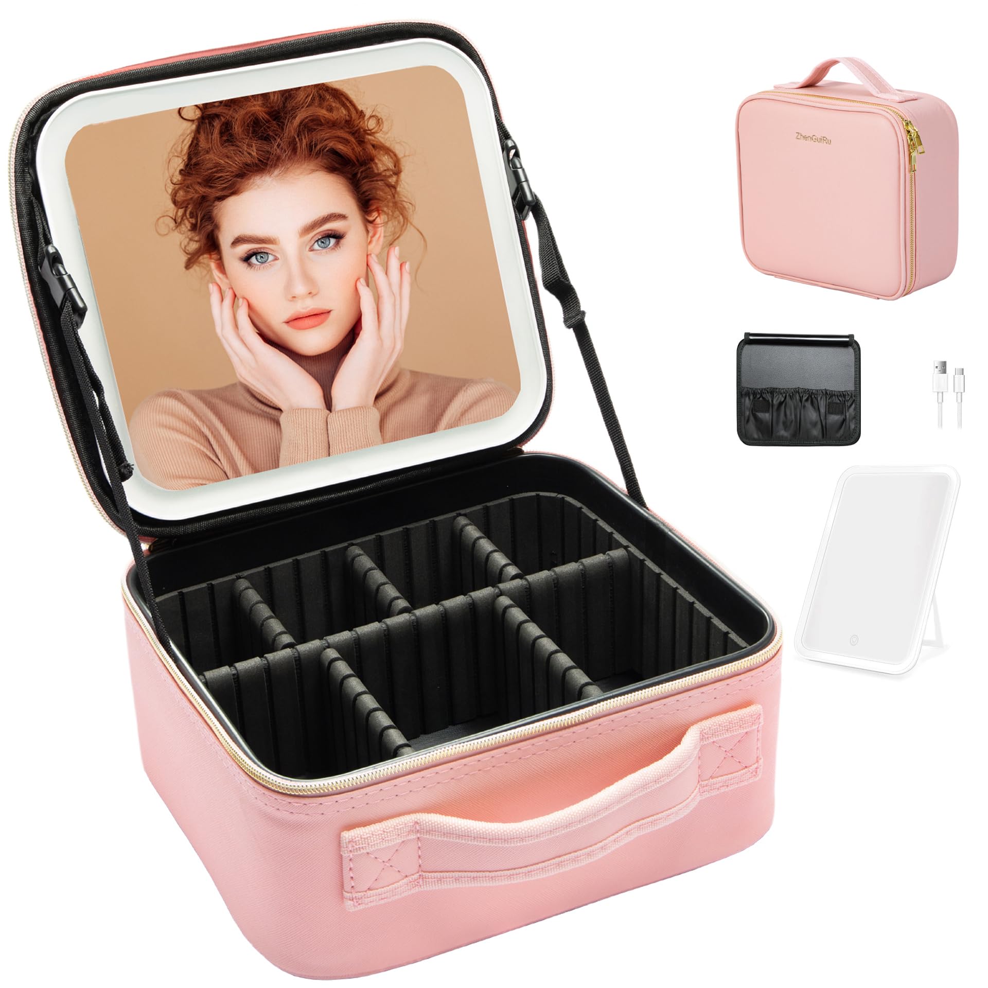 ZhenGuiRu Travel Makeup Bag with LED Mirror – Waterproof Cosmetic Train Case with Adjustable Dividers, Portable Makeup Organizer and Toiletry Bag for Women, Teens & Girls Gift, Pink