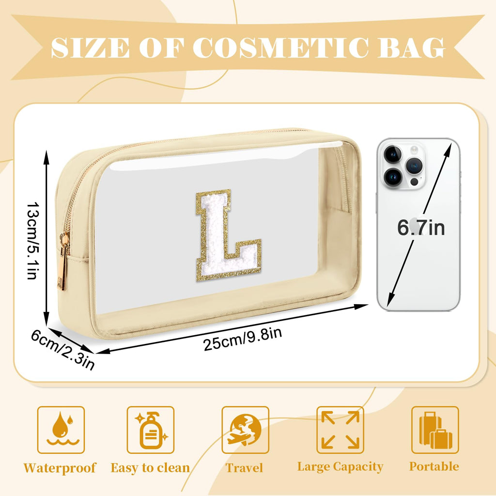 Personalized Initial Letter Clear Makeup Bag,Preppy Small Nylon&PVC Cosmetic Zipper Bag with Chenille Letter,Portable Beach Travel Skincare Toiletry Bag,Trendy Monogram Gift for Teen Girls Women,L