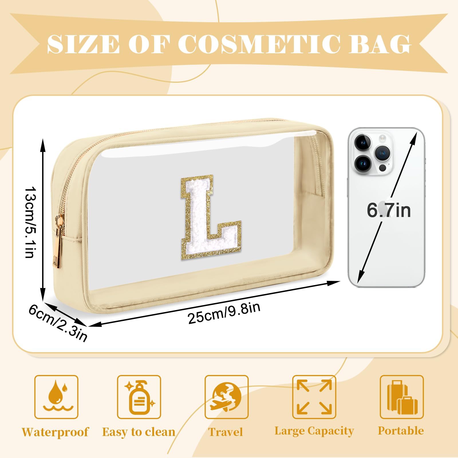 Personalized Initial Letter Clear Makeup Bag,Preppy Small Nylon&PVC Cosmetic Zipper Bag with Chenille Letter,Portable Beach Travel Skincare Toiletry Bag,Trendy Monogram Gift for Teen Girls Women,L
