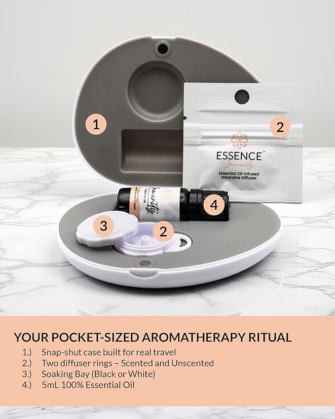 Essence Pearl Travel Case | Immunity Essential Oil | Aromatherapy Nasal Diffuser & Essential Oil Carrying Case | Eucalyptus, Lemon & Peppermint Blend | Travel-Friendly Kit | White Pod