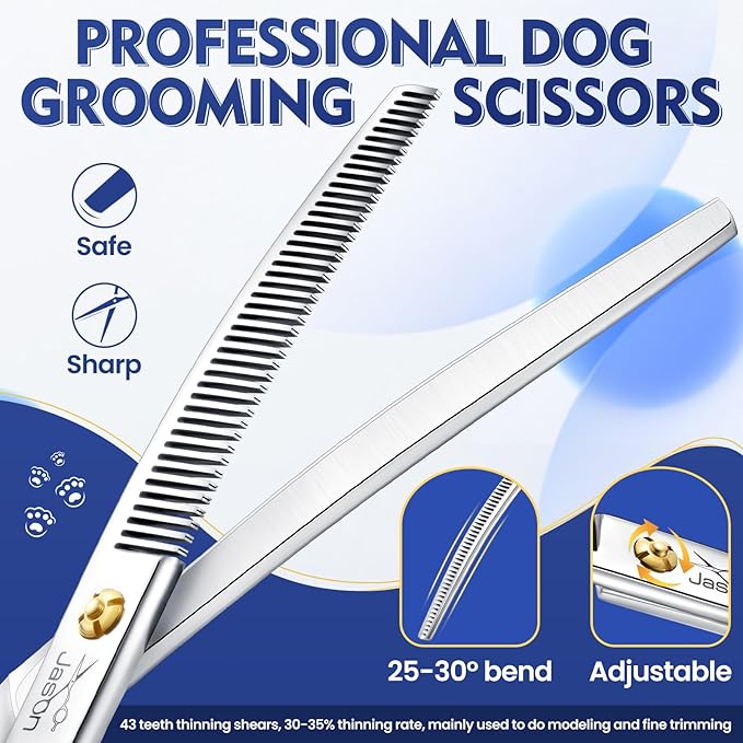 JASON Curved Dog Thinning Scissors - 7" Grooming Shears Ergonomic Updated