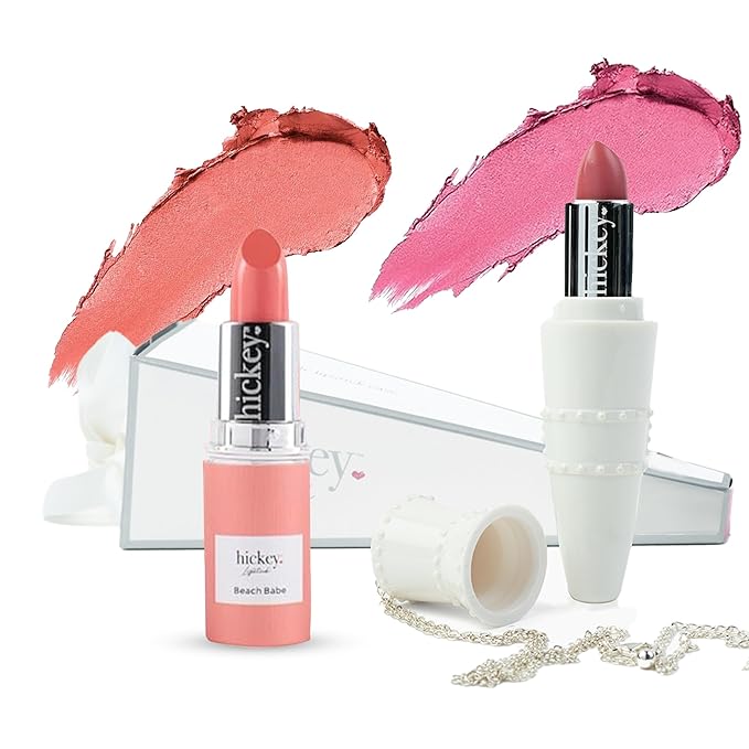 Hickey Lipstick White Limited Edition Set, Skinny Dip (Pink) & Beach Babe (Coral), Refillable Case with Silver Chain (Wearable Necklace), Hydrating, Long Lasting Lipstick for Women, Gluten-Free, Vegan