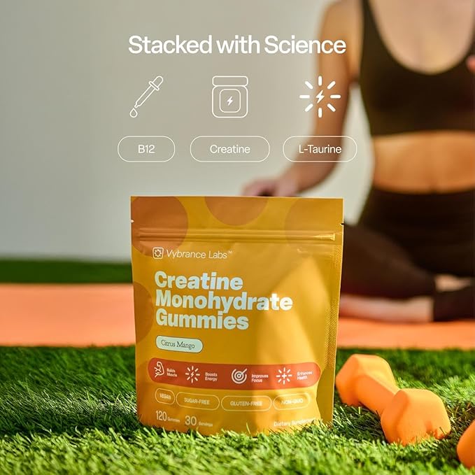 VYBRANCE LABS Creatine Monohydrate Gummies for Women | 5g per Serving, Sugar-Free | Taurine + Vitamin B12 | Strength, Energy & Focus Support | Vegan | Also for Men | Citrus Mango