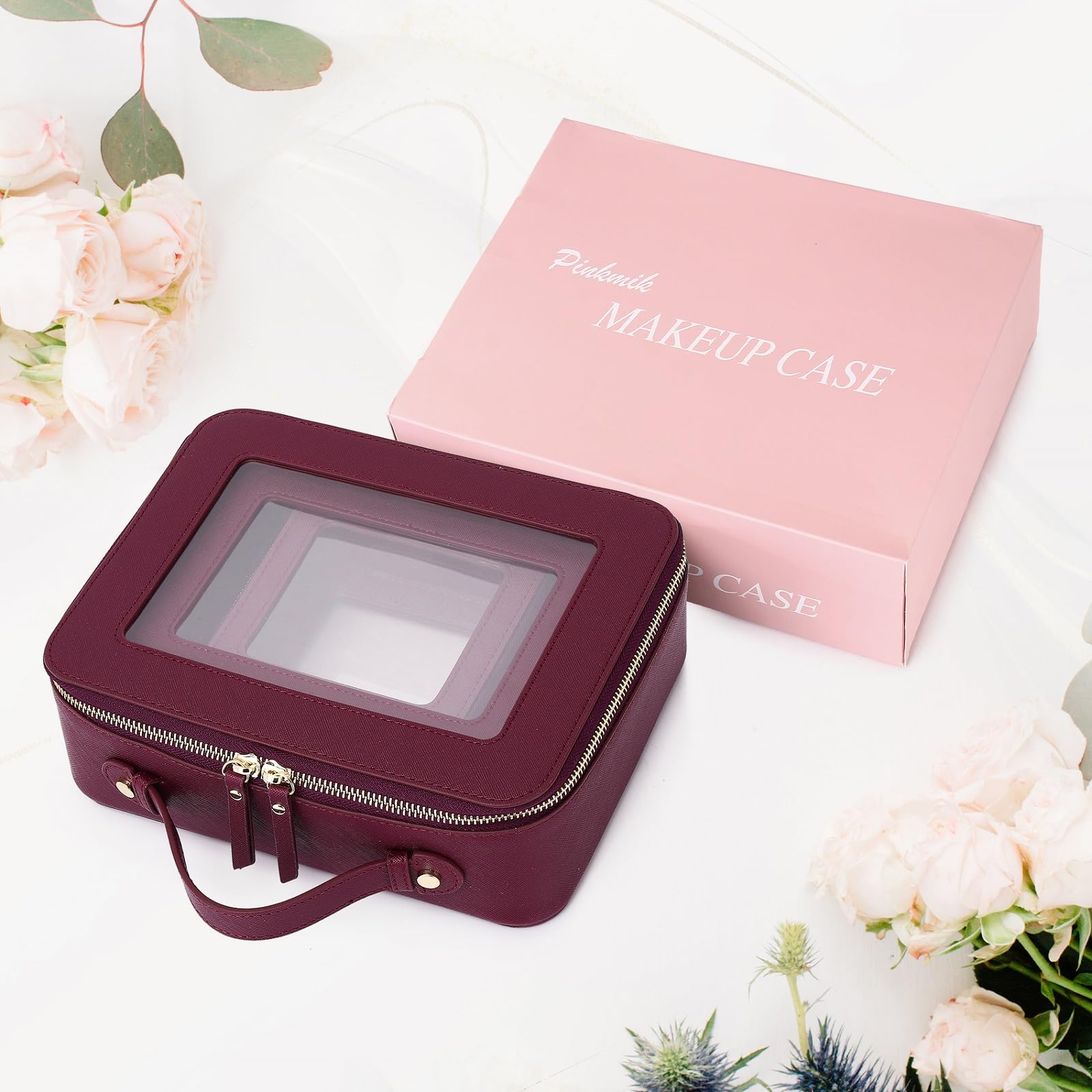 Pinkmik Clear Makeup Bag Waterproof Travel Case for Cosmetics and Toiletries Women's Purse Organizer and Clear Car Bag with Zipper (X/Burgundy, L+M+MINI)