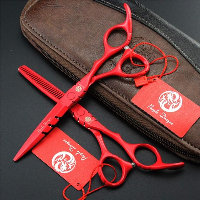 Purple Dragon 5.5 inch Hair Cutting Scissors Kit with Bag for Barbers - Red