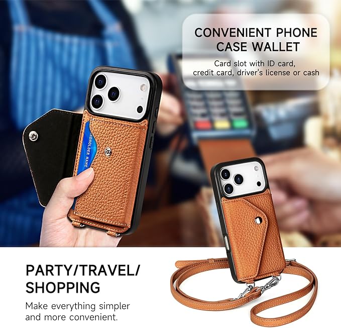 LUCKYCOIN Crossbody Phone Case for iPhone 17 Pro,100% Genuine Leather Phone Wallet Case for Women, Premium Hands-Free Phone Purse with Expandable Flip Card Holder & Adjustable Strap - Pebble Brown
