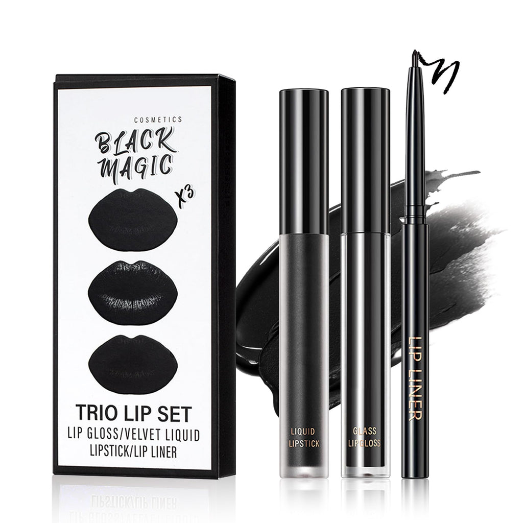 QIUFSSE 3 in 1 Black Lip Liner and Lipstick Lip Gloss Set (12 Black Magic)
