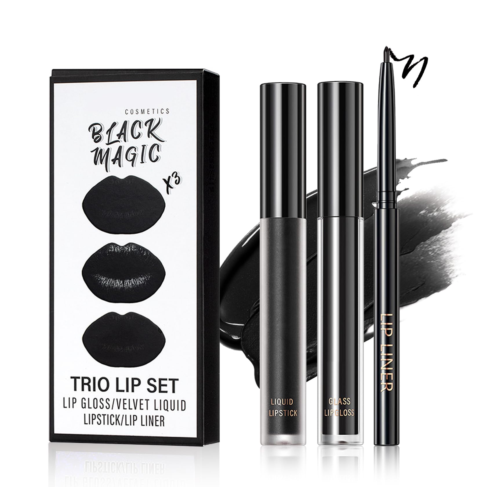 QIUFSSE 3 in 1 Black Lip Liner and Lipstick Lip Gloss Set (12 Black Magic)