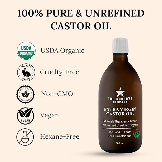 GoodBye Company USDA Organic Cold-Pressed Castor Oil, 16.9 oz Amber Glass Bottle, Hexane-Free, Extra Virgin, Food Grade, for Hair, Skin, Lashes, Brows & Digestive