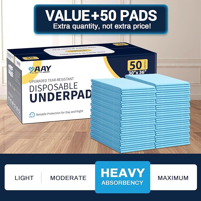 AAY Disposable Bed Pads 30"X36" 50pcs, Tear-Resistant Underpads