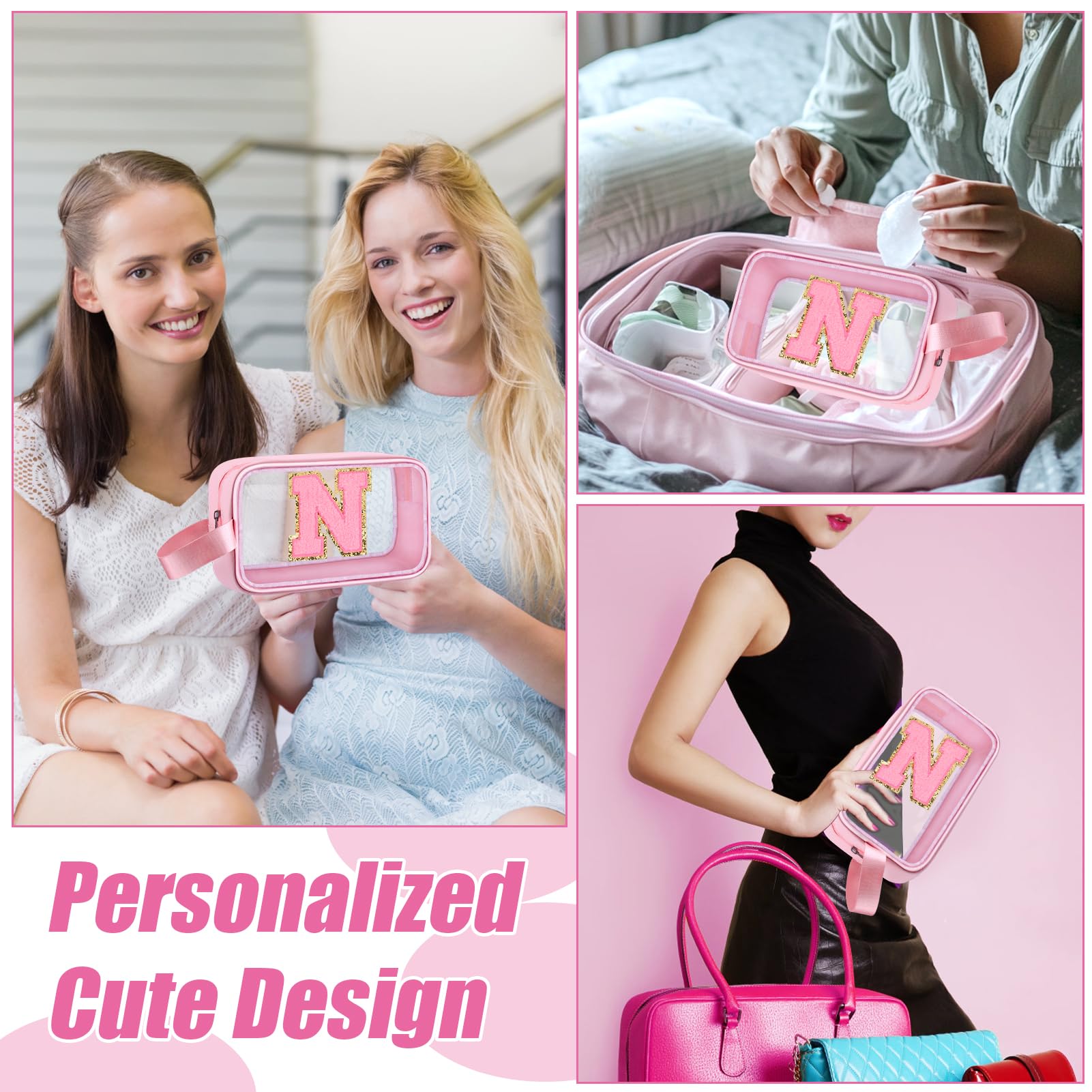 Vodolo Initial Makeup Bag,Letter N Cute Clear Monogrammed Cosmetic Travel Bag for Womens Girls,Personalized Pink Aesthetic Traveling Make Up Organizer Bag for Beach,Waterproof Toiletry Bag