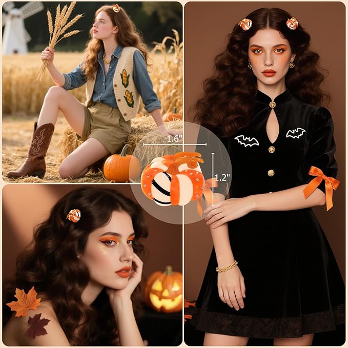 Small Halloween Hair Clips for Women Rhinestone Pumpkin Acetate Claw Clip