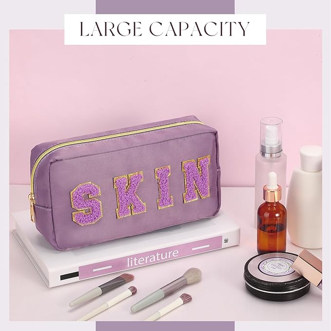 Cunno Preppy Makeup Bags Chenille Letter Stuff Bag Nylon Cosmetic Pouch Cases with Zipper for Women Travel Toiletry(Purple Set,Classic,4 Pcs)