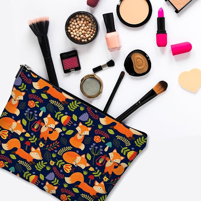 Givotin Small Makeup Bag for Purse Cute Canvas Waterproof Cosmetic Bags for Women Zipper Travel Toiletry Pouch-Fox Makeup Bags