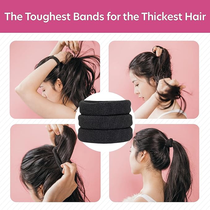 Burlybands Elastic Hair Ties No Damage for Thick Heavy Hair, Black 3 Pack