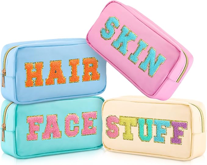 Cunno Preppy Makeup Bags Chenille Letter Stuff Bag Nylon Cosmetic Pouch Cases with Zipper for Women Travel Toiletry(Light Color,Vivid,4 Pcs)