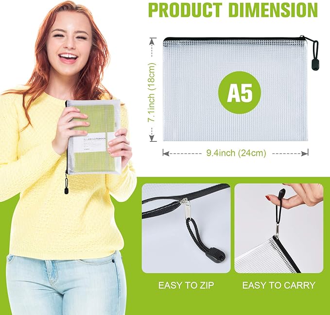 12PCS Mesh Zipper Pouch Bags: A5 Clear Zipper Pouches for Classroom, Black