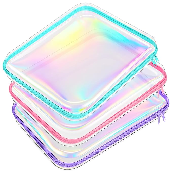 Hoolerry 3 Pcs Clear Hard Zipper Case Hard Plastic Zipper Pouch Makeup Bag Portable Travel Organizer for Cosmetics, Office Supplies, Documents & Toiletries(Laser,L)