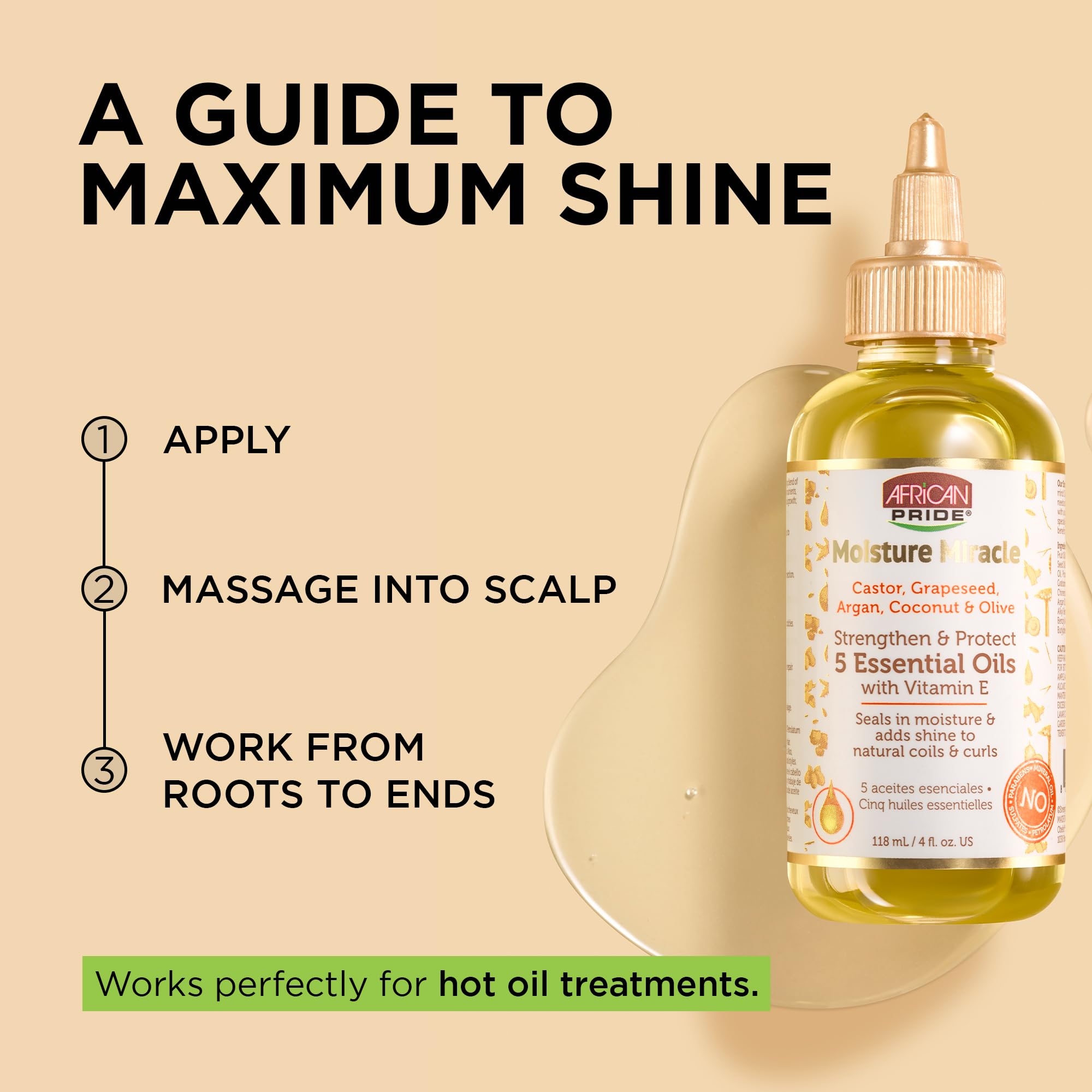 African Pride Moisture Miracle 5 Essential Hair Oils with Vitamin E | Moisture, Shine, Protection, and Growth | Argan, Castor, Grapeseed, Coconut, and Olive Oil | 4 oz