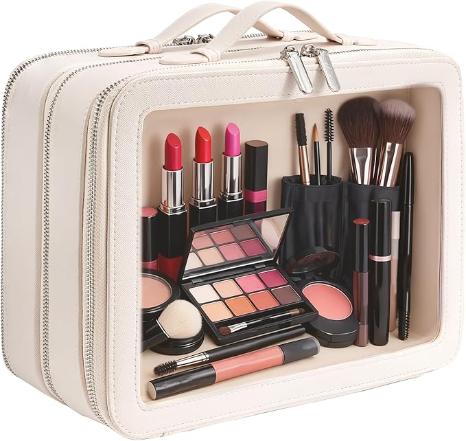 idoltimes Clear Makeup Bag,Large Toiletry Case for Women,PU Leather Travel Cosmetic Bag,Detachable Makeup Case,Double Compartment Make up Organizer