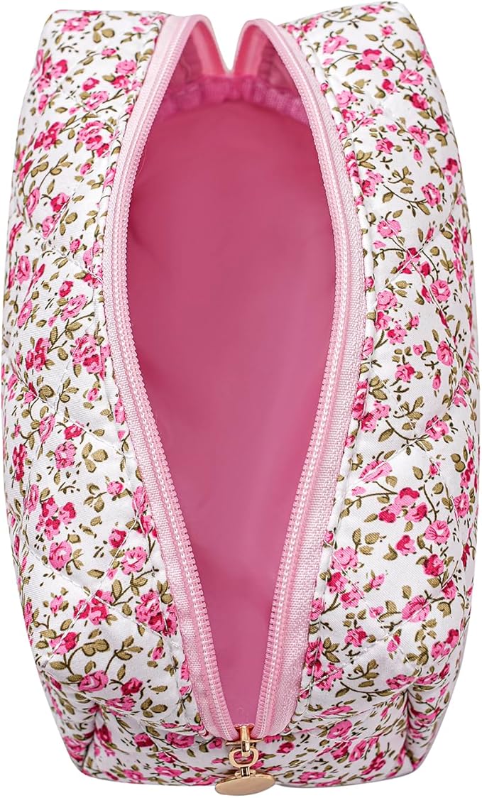 JOVAKIT Square Makeup Bag Cute Cosmetic Bag for Women, Floral Coquette Aesthetic Toiletry Bag, Zipper Make Up Pouch, Travel Make Up Organizer Bag (Red Floral)