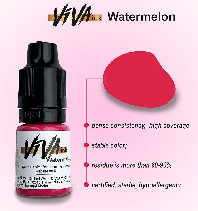 VIVA INK Lip Pigment – Watermelon – Permanent Lip Makeup – Microblading Ink for Durable and Colorful Lips – Long Lasting Color Lip Cosmetics (0.2 oz)