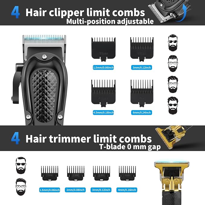 Hair Clippers for Men Professional, Cordless Complete Barber Kit with Electric Hair Clipper T-Blade Beard Trimmer Foil Shaver Nose Trimmer, Men's Hair Cutting Grooming Kit, 8 Guide Combs, Barber/Home