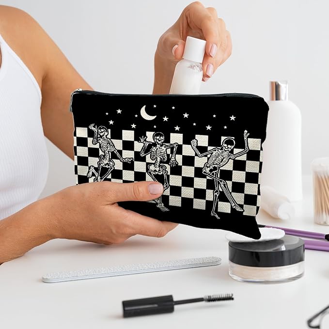 RYYCDOI Goth Spooky Gifts for Women, Gothic Horror Skeleton Black Makeup Bag Cosmetic Pouch