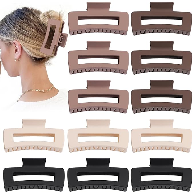 Sisiaipu 12 Pcs Large Hair Claw Clips for Thick Hair, 4.1 x 2.1 x 1.2 Inch, Square Hair Clips Jumbo Jaw Clips, Bulk Hair Accessories for Women and Girls - Brown