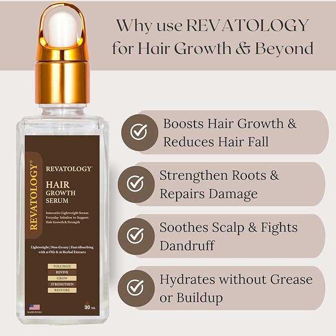 Revatology Hair Growth Serum for Women & Men, Daily Leave-In Scalp Serum for Thinning Hair & Hair Fall, Lightweight Botanical Serum with Rosemary, Castor, Amla, Bhringraj, 12 Oils & 18 Herbs