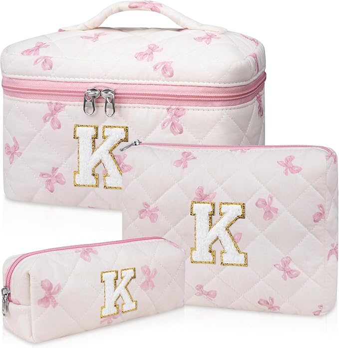 Junesters Initial Makeup Bag Set, Personalized Quilted Makeup Bag, Large Floral Cosmetic Bag for Women, Cute Cotton Custom Make up Bags, Flower Travel Toiletry Bag Teen Girl Gift Pink Butterfly K