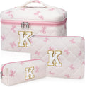 Junesters Initial Makeup Bag Set, Personalized Quilted Makeup Bag, Large Floral Cosmetic Bag for Women, Cute Cotton Custom Make up Bags, Flower Travel Toiletry Bag Teen Girl Gift Pink Butterfly K