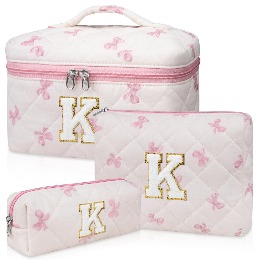 Junesters Initial Makeup Bag Set, Personalized Quilted Makeup Bag, Large Floral Cosmetic Bag for Women, Cute Cotton Custom Make up Bags, Flower Travel Toiletry Bag Teen Girl Gift Pink Butterfly K