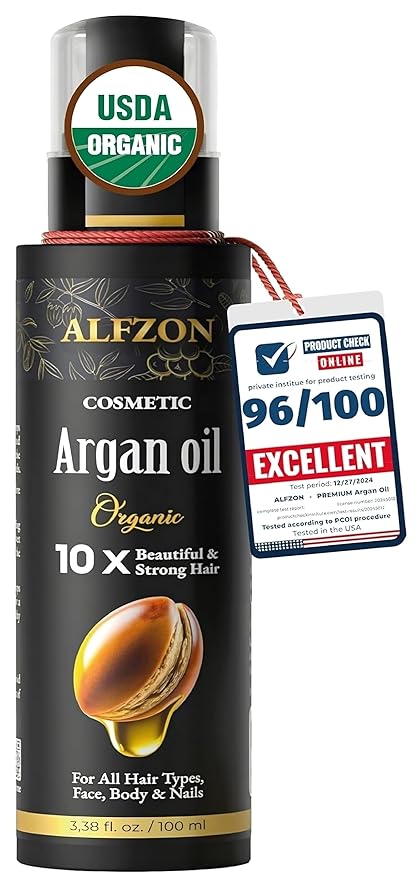 ALFZON Moroccan Argan Oil 100% Pure USDA Organic Cold Pressed Unrefined – Deep Moisturizing Hair & Scalp Treatment for Dry, Damaged, Curly & Frizzy Hair – Face & Skin – 3.38 Fl Oz Glass Bottle