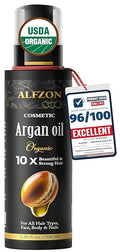ALFZON Moroccan Argan Oil 100% Pure USDA Organic Cold Pressed Unrefined – Deep Moisturizing Hair & Scalp Treatment for Dry, Damaged, Curly & Frizzy Hair – Face & Skin – 3.38 Fl Oz Glass Bottle
