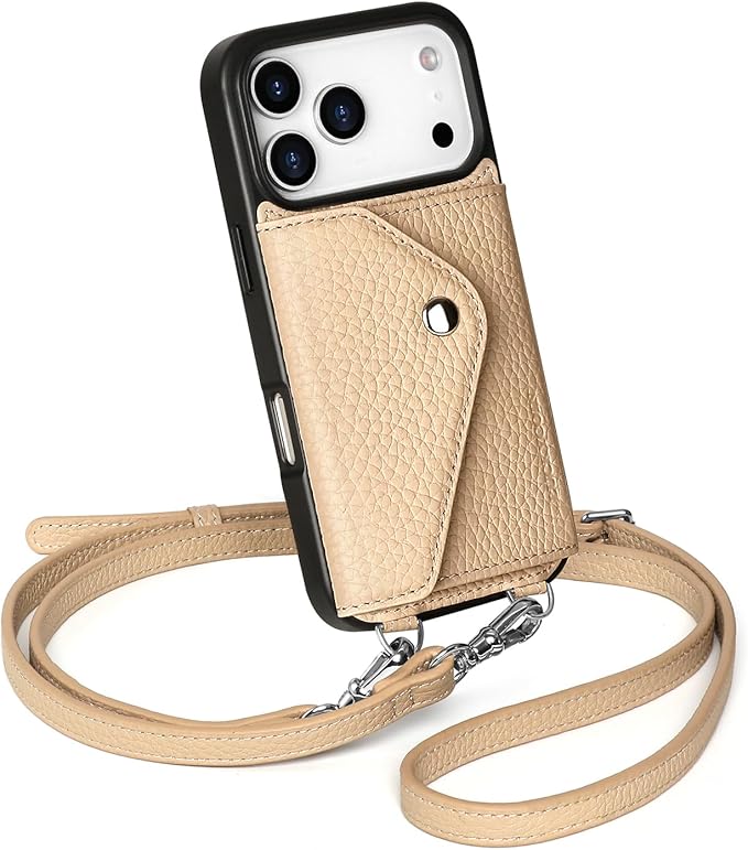 LUCKYCOIN Crossbody Phone Case for iPhone 17 Pro,100% Genuine Leather Phone Wallet Case for Women, Premium Hands-Free Phone Purse with Expandable Flip Card Holder & Adjustable Strap - Pebble Beige
