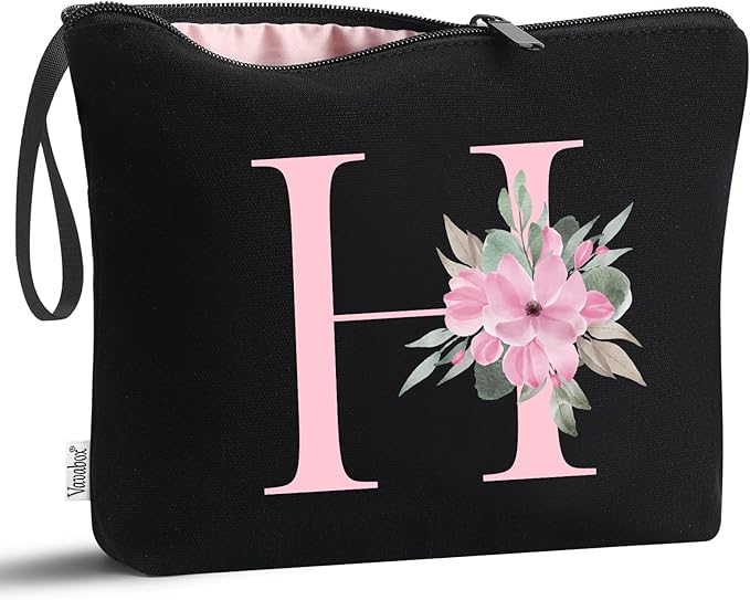 Vavabox A-Z Personalized Makeup Bag, Birthday Gifts for Women Mom, Gifts for Best Friend, Bride Bridesmaid Cosmetic bag (H, 02-Black)